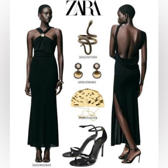 Zara Dresses & Skirts - Zara Black Fitted Wrap Midi Dress Gold Neck Detail Criss-cross Back Slit NWT S